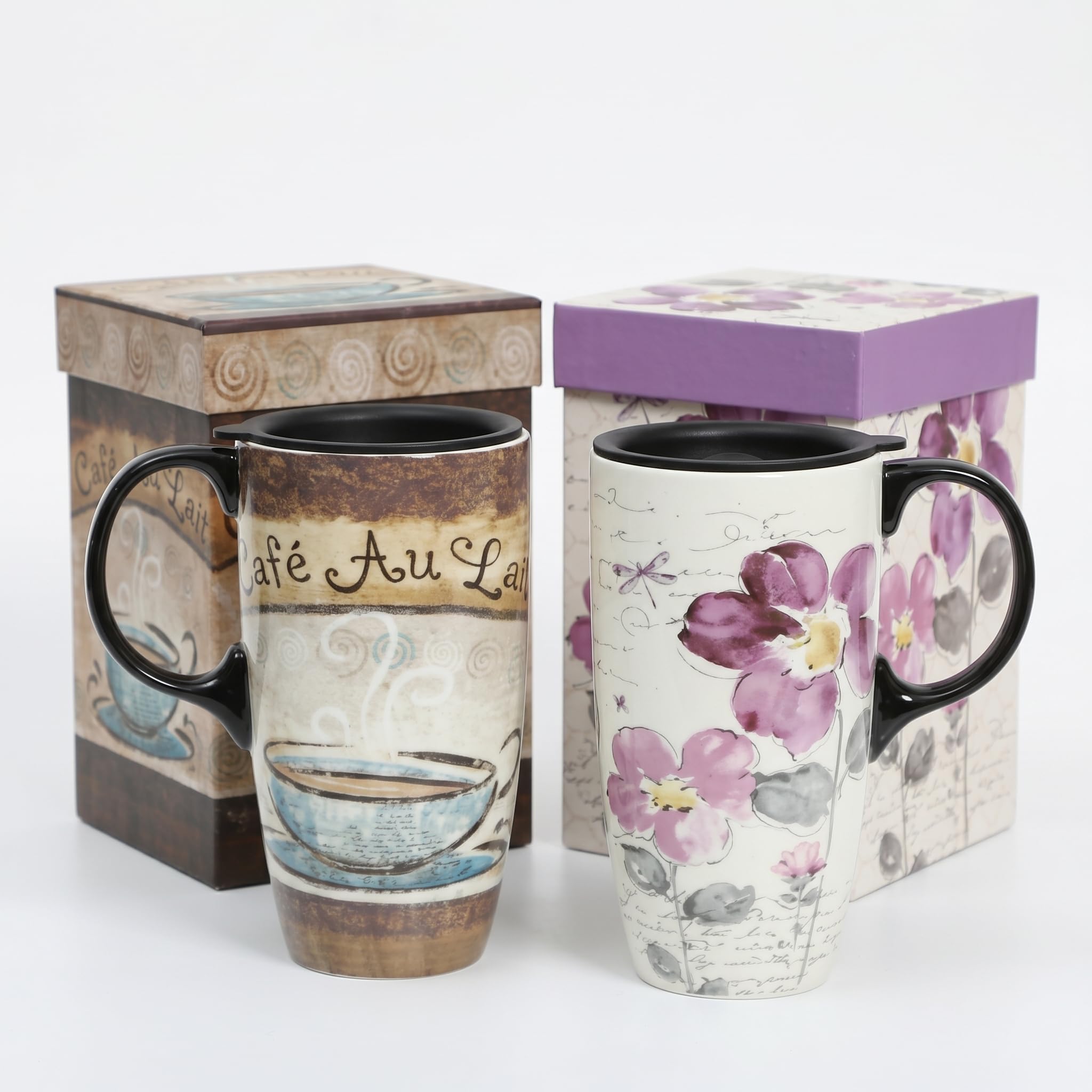 Topadorn 17oz Ceramic Travel Mug with Lid, Tall Ceramic Coffee Mug with Handle, Purple Floral Coffee Cup with Gift Box