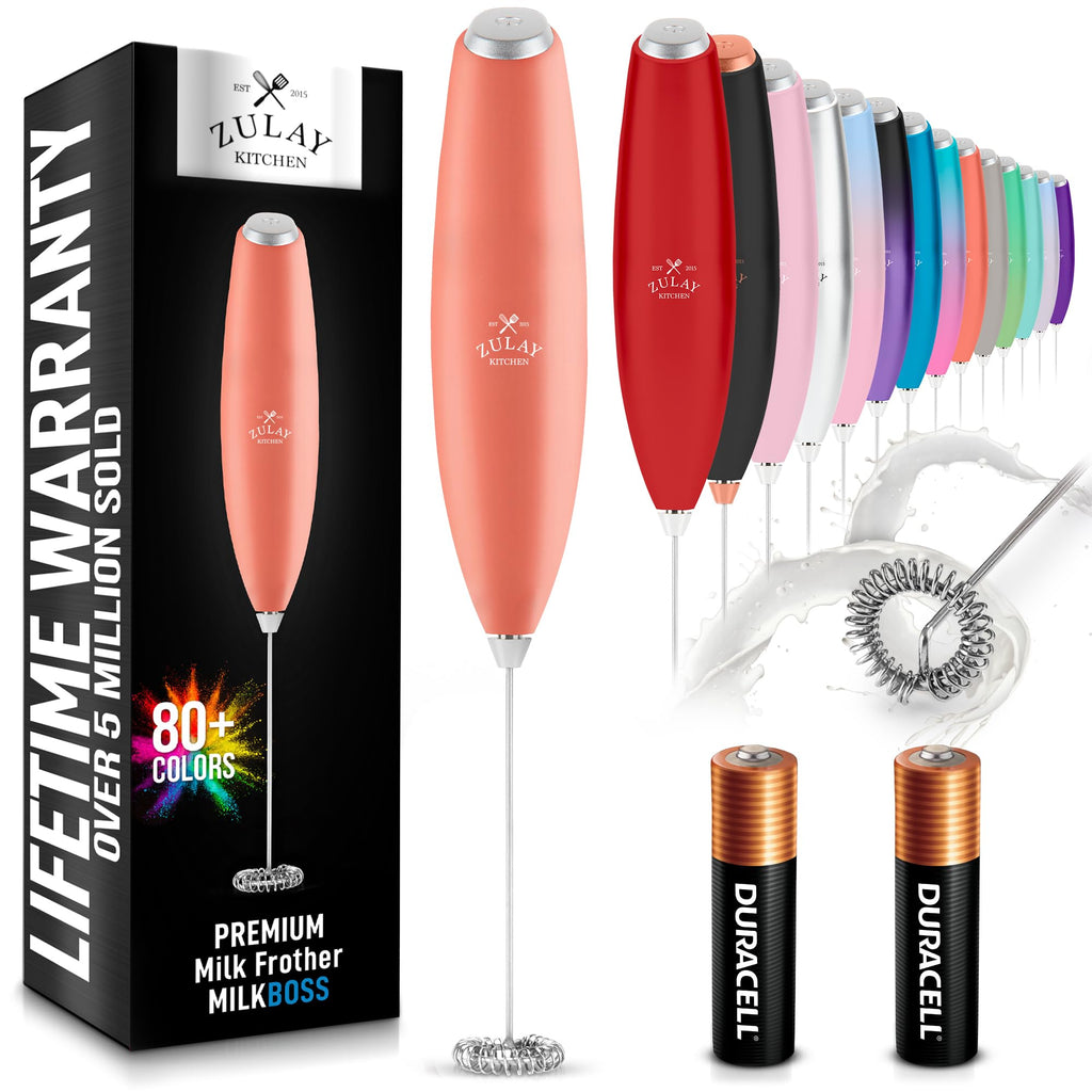 Zulay Kitchen Powerful Milk Frother AA Batteries Included – Ultra Fast Handheld Drink Mixer with Stainless Steel Whisk Stirrer for Coffee, Protein, Matcha & More, Frother Wand Electric Frothmate Black