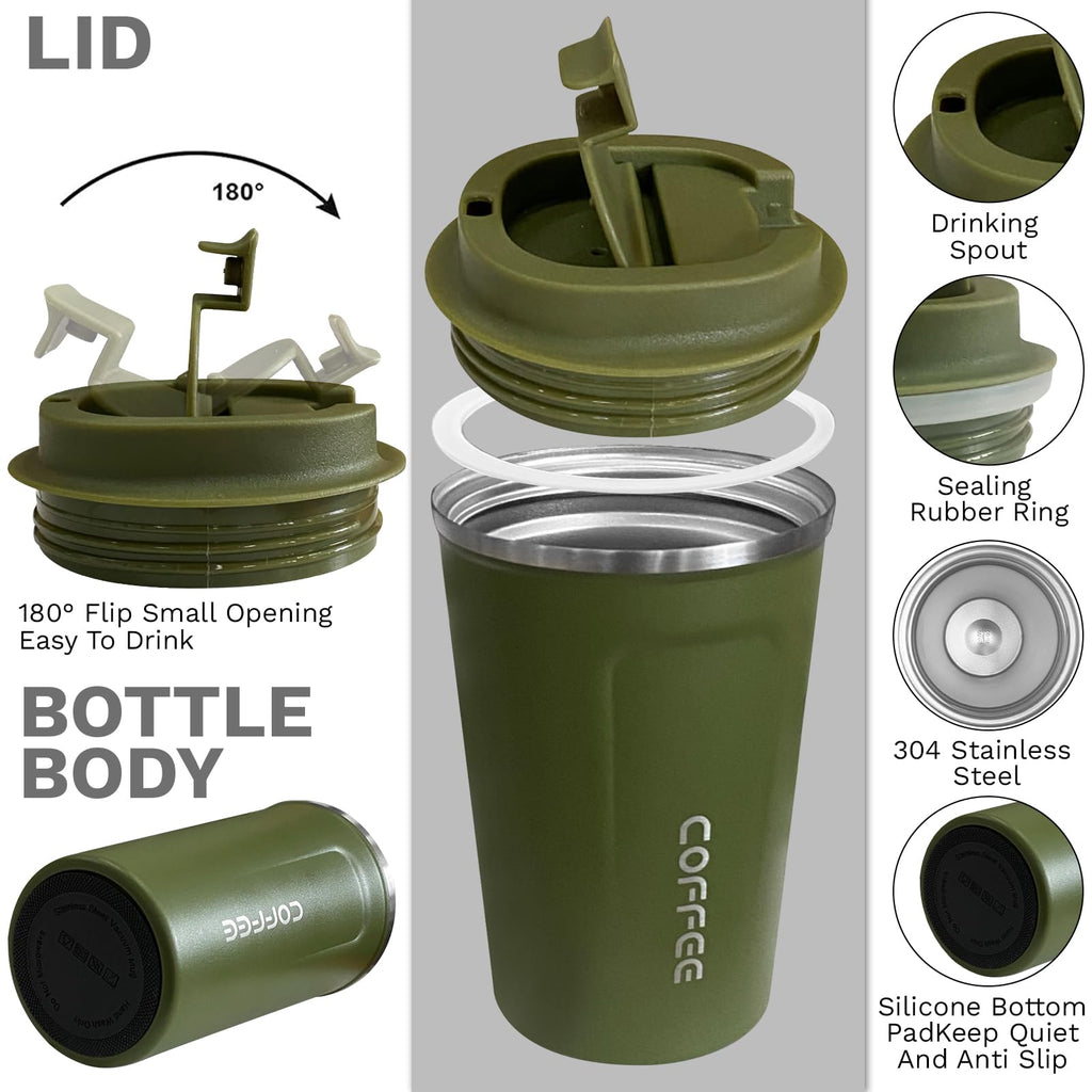 YINBAOGE Insulated Travel Coffee Mug, Spill & Leak Proof, Portable To Go Camping Stainless Steel Coffee Tumbler, Reusable Thermal Coffee Cup with Lid for Hot & Cold Drinks (Black, 12 OZ)