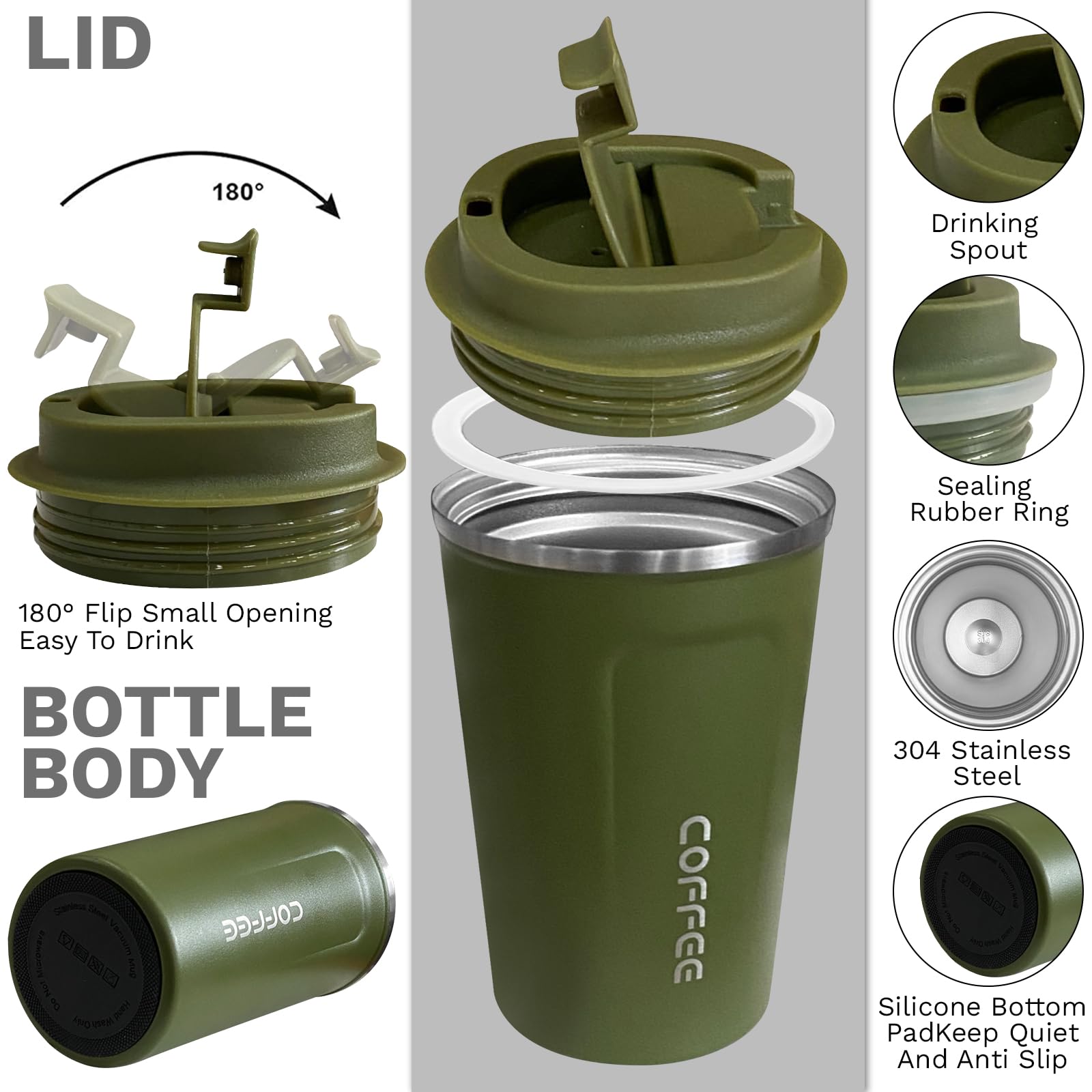 YINBAOGE Insulated Travel Coffee Mug, Spill & Leak Proof, Portable To Go Camping Stainless Steel Coffee Tumbler, Reusable Thermal Coffee Cup with Lid for Hot & Cold Drinks (Black, 12 OZ)