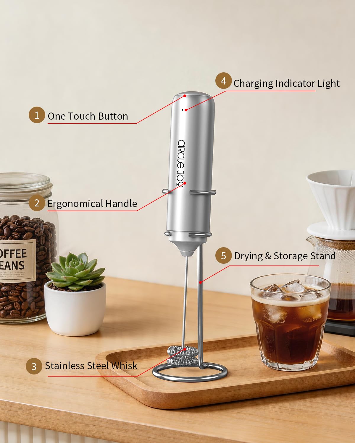 CIRCLE JOY Rechargeable Milk Frother Hanheld, Dual Coil Whisk Head Electric Coffee Frother, Portable Hand Frother Wand Drink Mixer for Matcha Lattes Cappuccino, Kitchen Gifts, Black