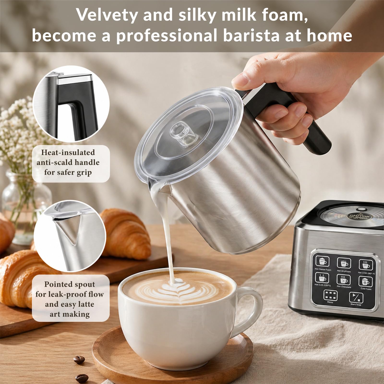 Electric Milk Frother and Steamer, 6-in-1 Automatic Milk Frother Machine with 500ml Milk Warmer, Hot & Cold Froth for Coffee, Latte & Hot Chocolate, Stainless Steel
