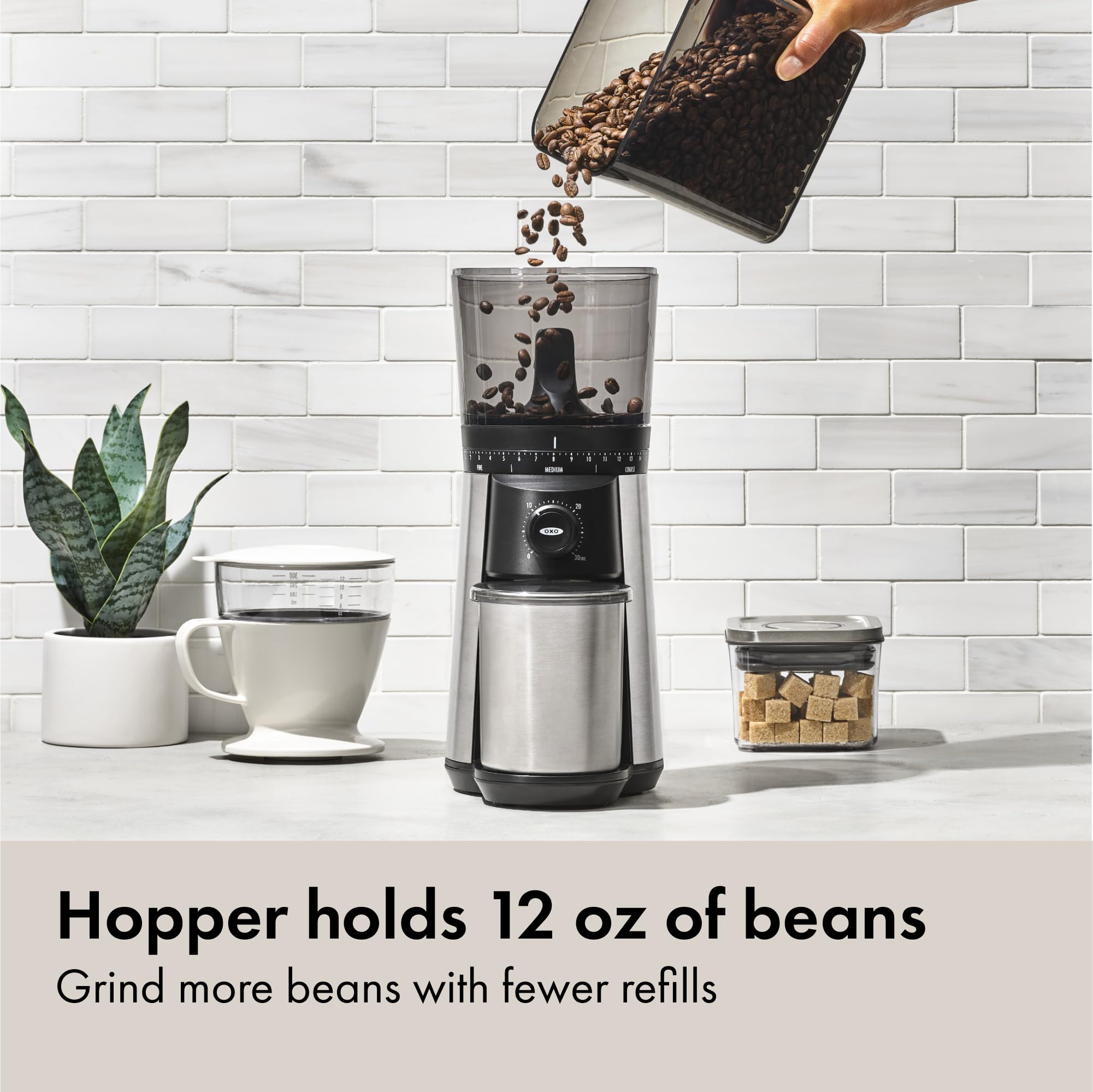 OXO Brew Conical Burr Coffee Grinder - Silver, Stainless Steel Burrs, One-Touch Automatic Smart Grind