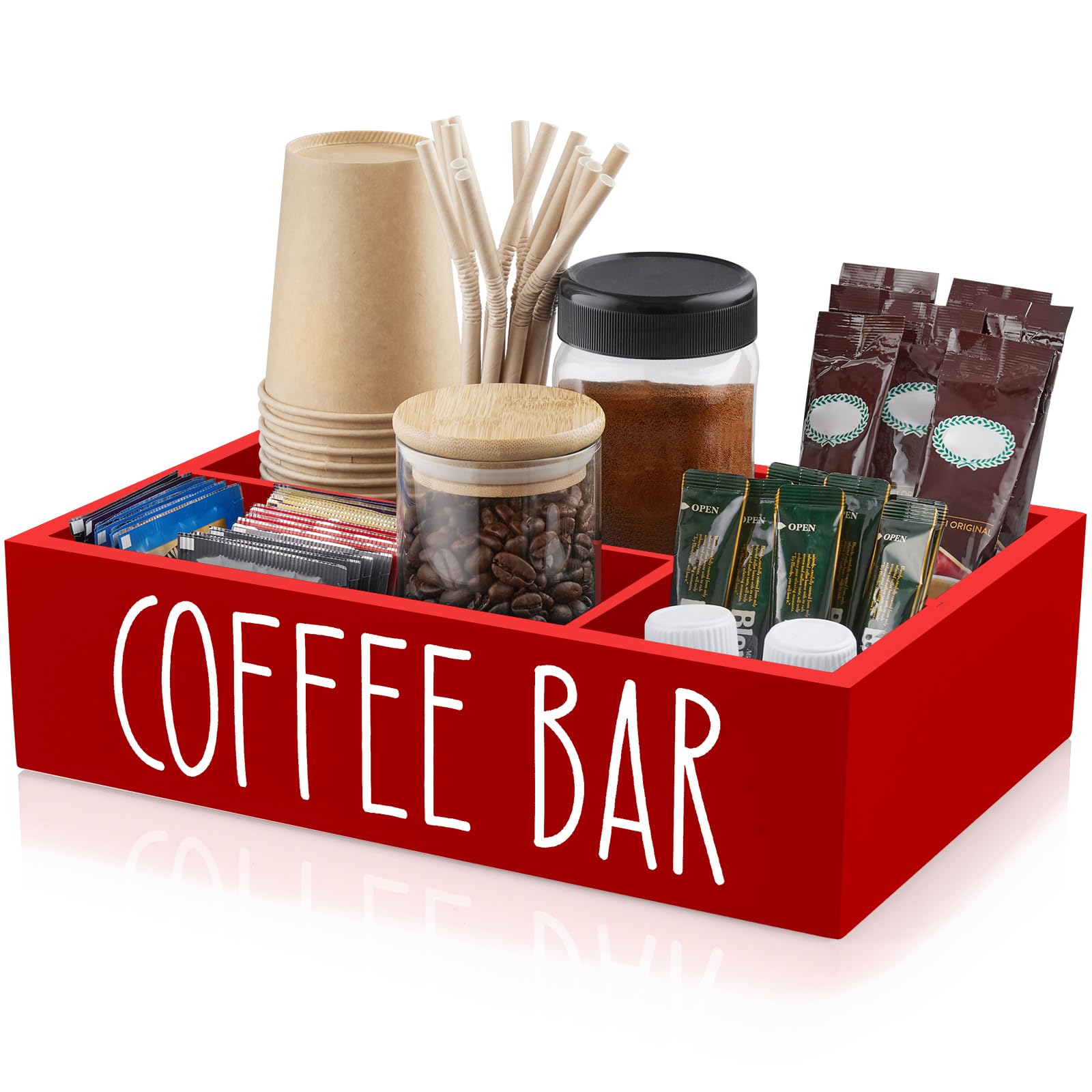 ALELION Coffee Station Organizer - Wood Countertop Accessories Organizer with Removable Dividers for Pods Condiment Syrup Tea Cups Stirrers - for Farmhouse Coffee Bar Decor