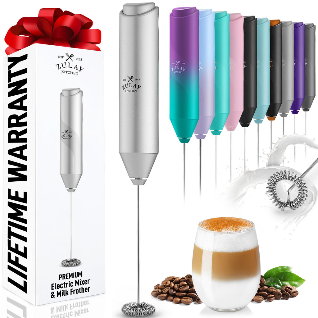 Zulay Kitchen Powerful Milk Frother AA Batteries Included – Ultra Fast Handheld Drink Mixer with Stainless Steel Whisk Stirrer for Coffee, Protein, Matcha & More, Frother Wand Electric Frothmate Black