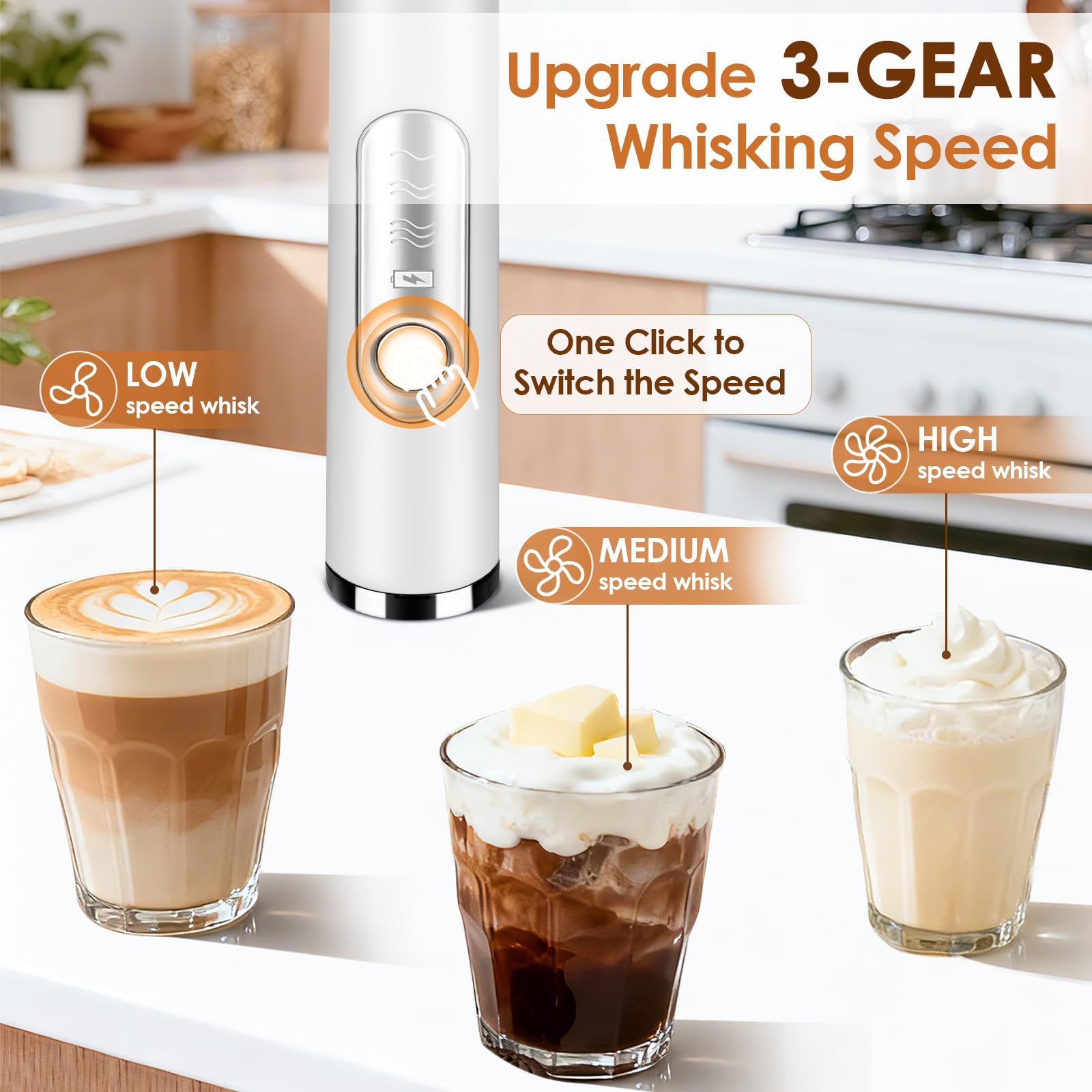 Handheld Milk Frother, rechargeable milk frother with 2 Stainless Steel Whisks 3 Speeds Electric Drink Mixer, Coffee Mixer Wand for Latte, Cappuccino, Matcha, Hot Chocolate, Egg (White)