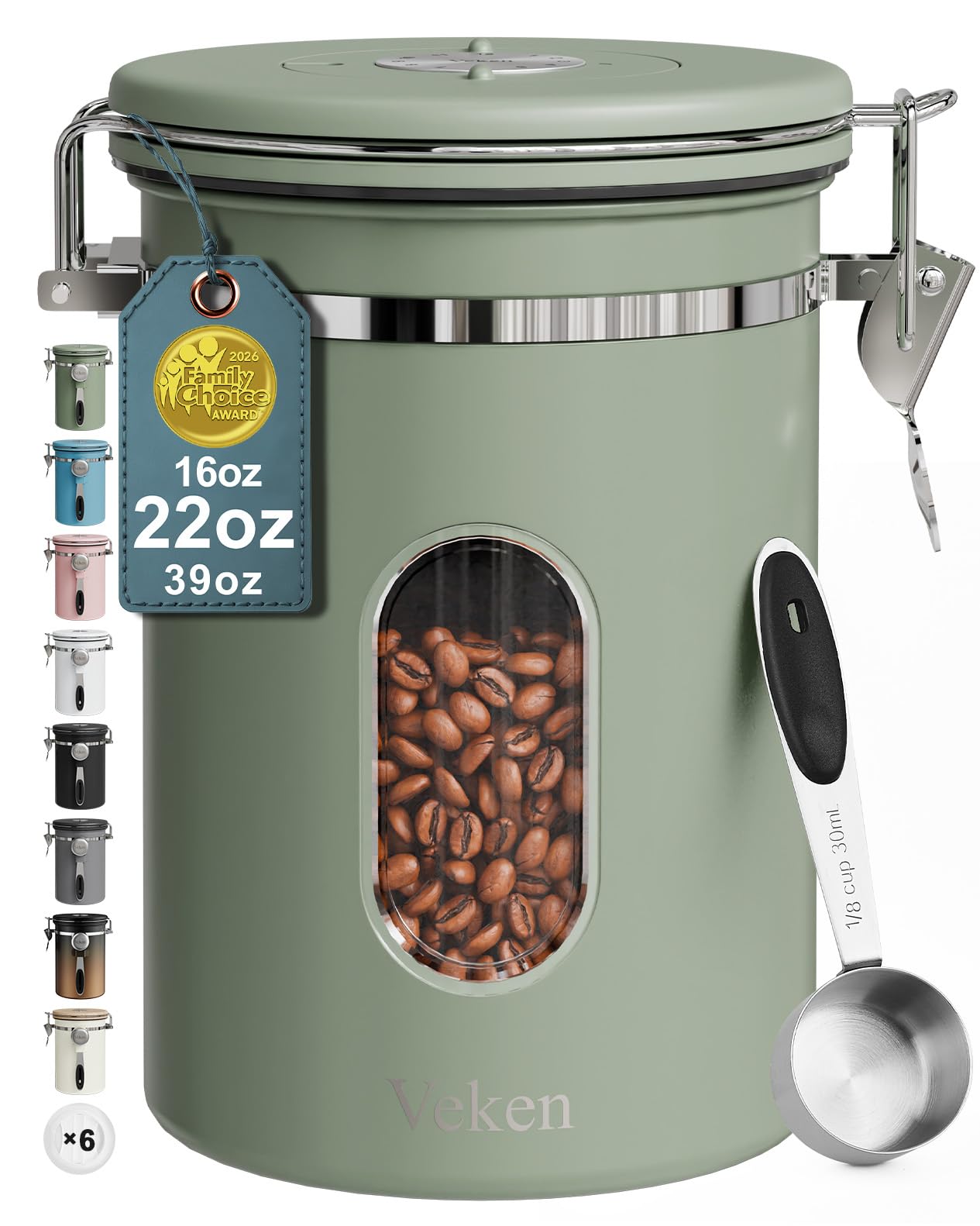 Veken Coffee Canister with Window,Airtight Stainless Steel Pantry Container,Kitchen Food Storage Organizers for Beans,Ground,Espresso,Rice,Tea,Sugar, Cereal, Bar Accessories,Gifts,Lids,Jars,22OZ,Black