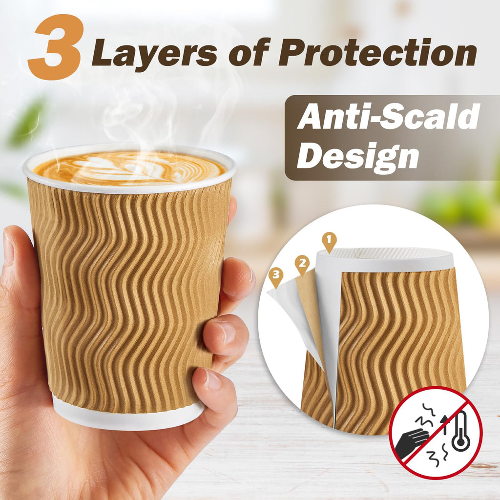 SIUQ 12 oz Coffee Cups-90 Pack Disposable Coffee Cups with Lids and Straws, Insulated Ripple Wall To Go Paper Coffee Cup for Coffee, Hot Chocolate and Hot Tea Drinks - Champagne