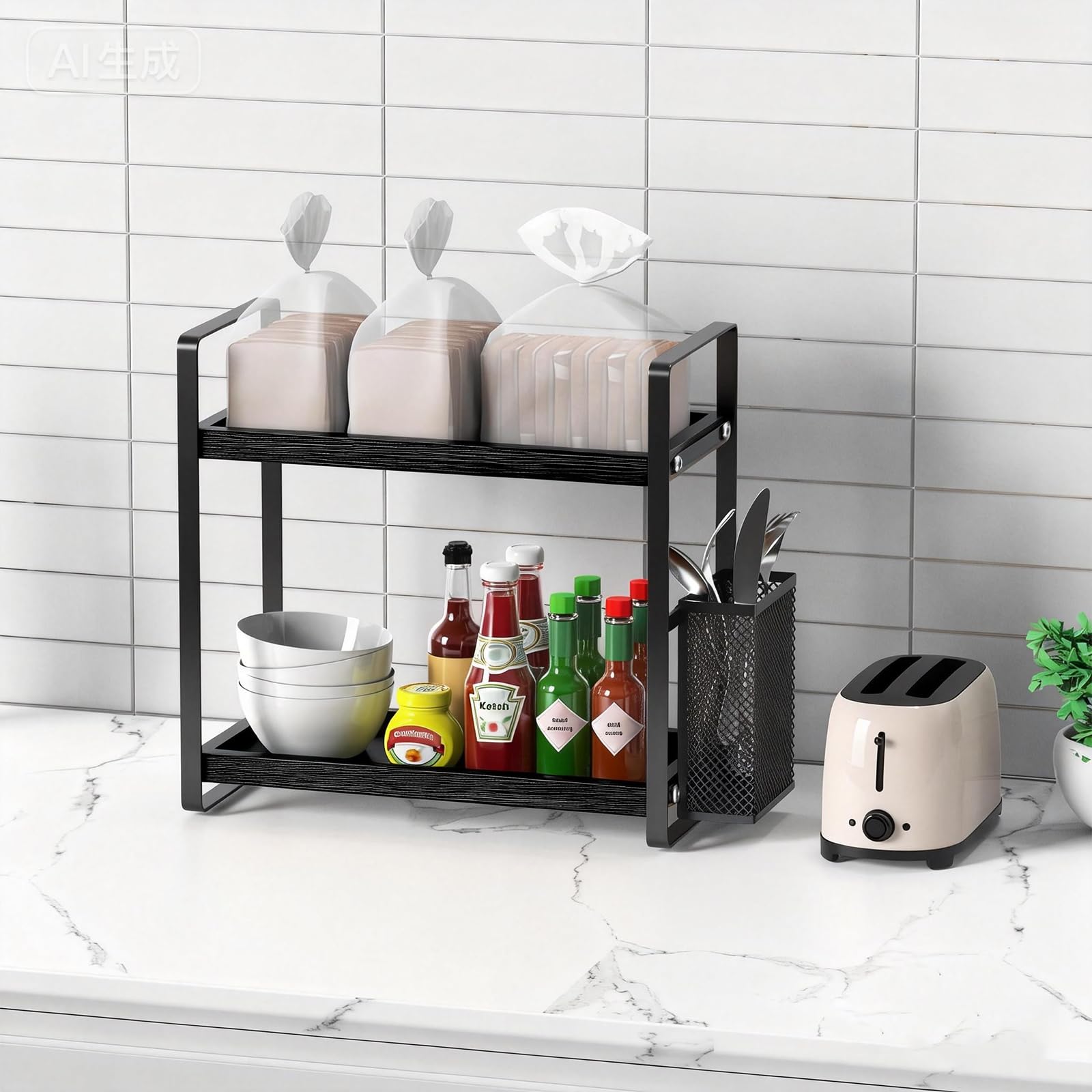 LEMIKKLE Coffee Station Organizer with Pod Holder and Drawer, Kitchen Countertop Organizer, Coffee Bar Accessories Station with Coffee Pod Storage, 2-Tier Wood Coffee Organizer With 6 Hooks