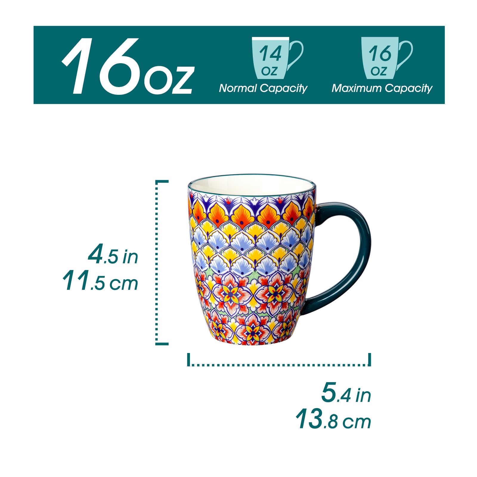 vancasso SIMI 16 oz Large Coffee Mugs Set of 6 – Bohemian Ceramic Cups with Handle, Perfect for Latte, Tea, Hot Chocolate, Dishwasher & Microwave Safe Ideal Gift