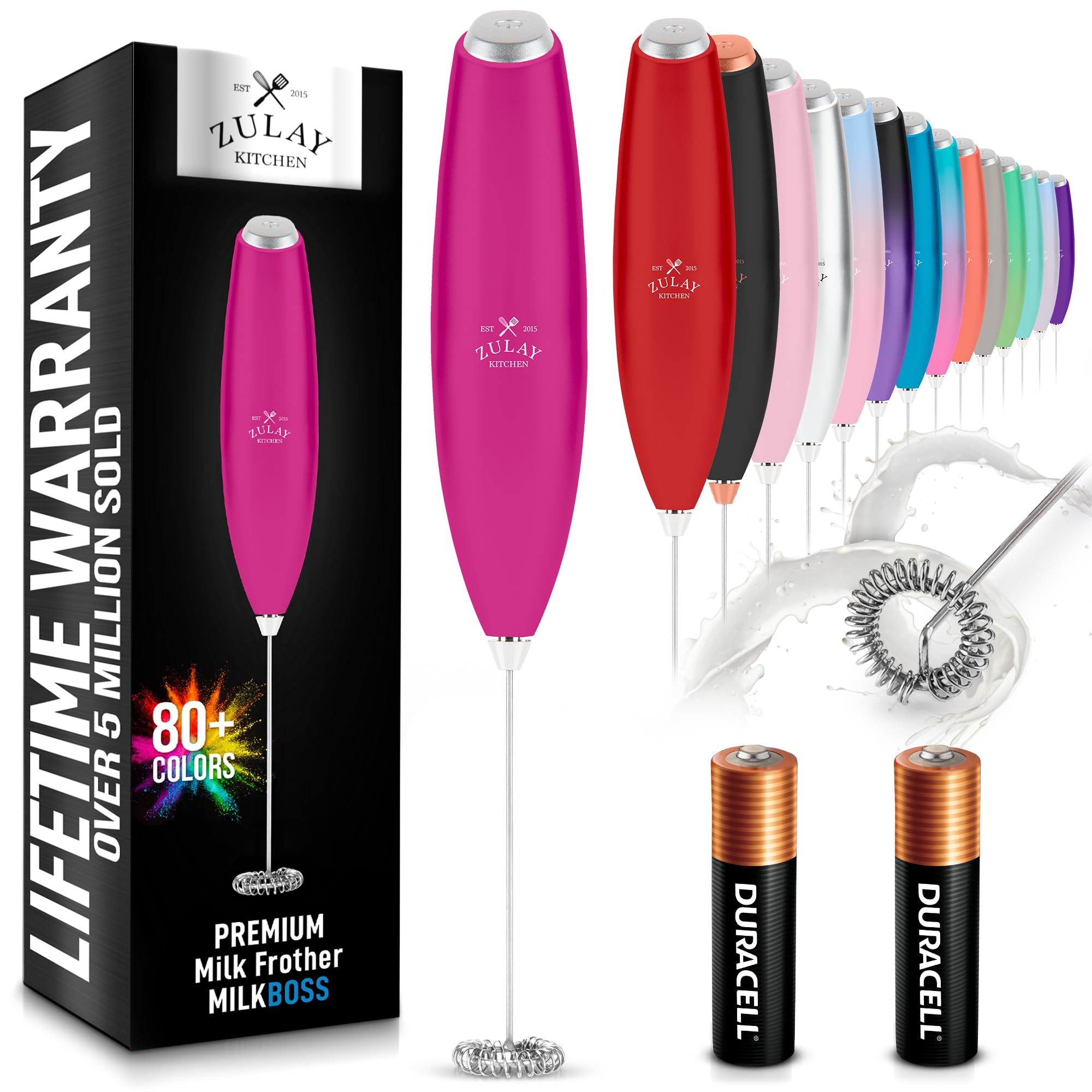 Zulay Kitchen Powerful Milk Frother AA Batteries Included – Ultra Fast Handheld Drink Mixer with Stainless Steel Whisk Stirrer for Coffee, Protein, Matcha & More, Frother Wand Electric Frothmate Black