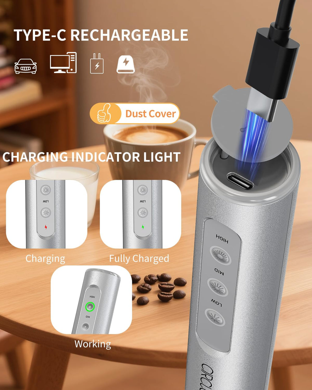 CIRCLE JOY Rechargeable Handheld Milk Frother Wand with 3 Variable Speeds, 3 Whisks and Storage Box, Electric Drink Mixer for Latte, Cappuccino, Hot Chocolate, Eggs and Protein Powder, Black
