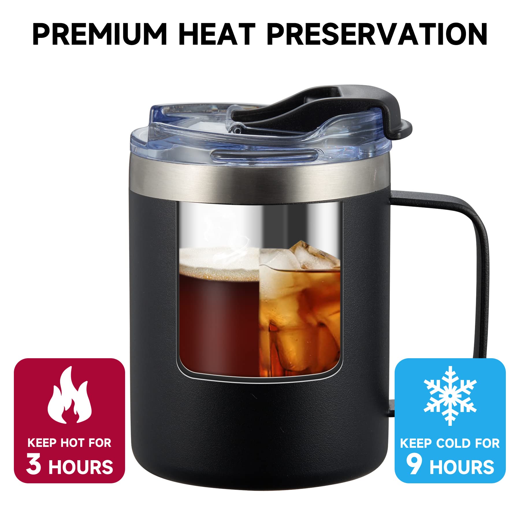 12oz Stainless Steel Insulated Coffee Mug with Handle, Double Wall Vacuum Travel Mug, Tumbler Cup with Sliding Lid, Navy