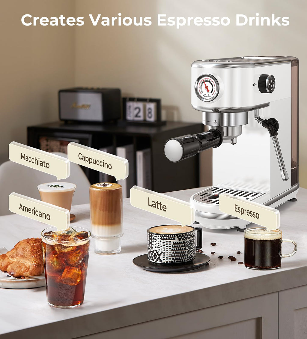 atatix Espresso Machine with Milk Frother, 20 Bar Pressure Espresso Maker, with 44OZ Removable Tank, Compact Stainless Steel Coffee Machine for Home, Office, Latte, Cappuccino, Macchiato, Silver