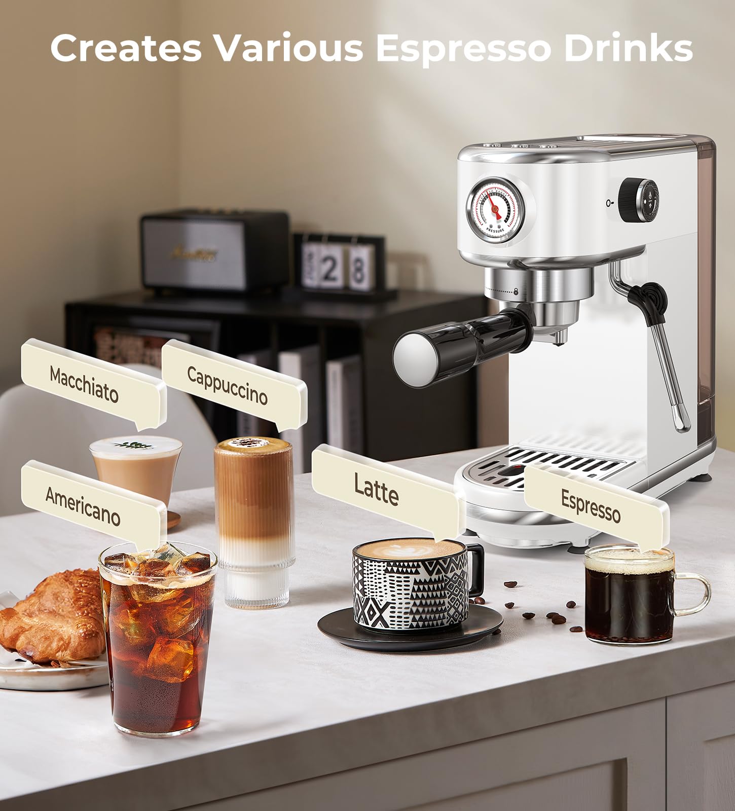 atatix Espresso Machine with Milk Frother, 20 Bar Pressure Espresso Maker, with 44OZ Removable Tank, Compact Stainless Steel Coffee Machine for Home, Office, Latte, Cappuccino, Macchiato, Silver