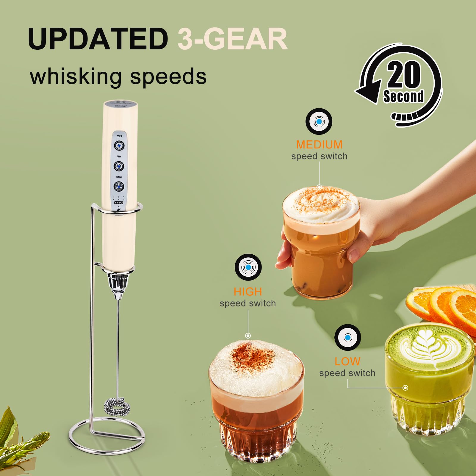 YUSWKO Black Handheld Milk Frother Wand for Coffee, Rechargeable Electric Whisk with 3 Heads 3 Speeds Drink Mixer Coffee Frother For Latte, Cappuccino, Hot Chocolate, Egg