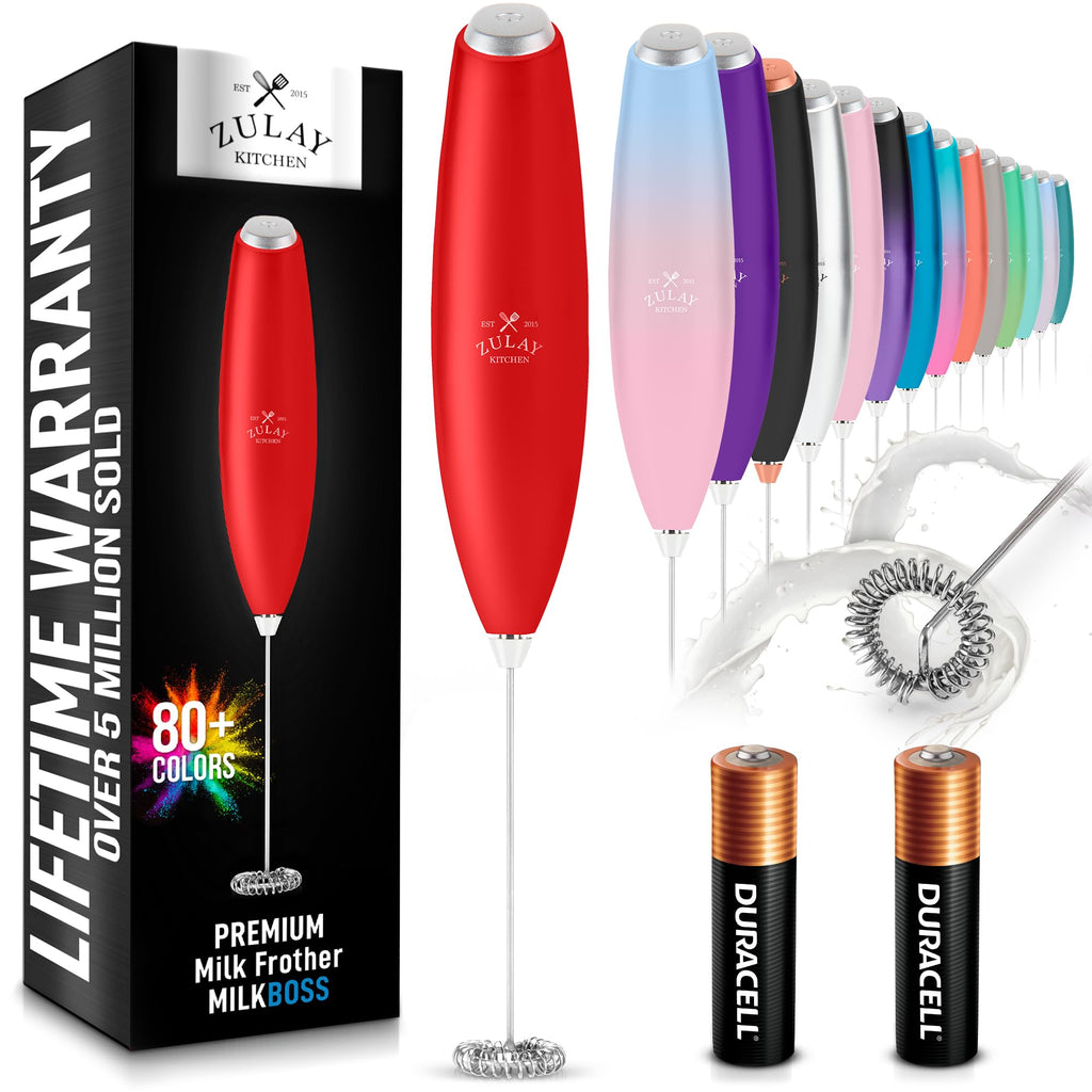 Zulay Kitchen Powerful Milk Frother AA Batteries Included – Ultra Fast Handheld Drink Mixer with Stainless Steel Whisk Stirrer for Coffee, Protein, Matcha & More, Frother Wand Electric Frothmate Black