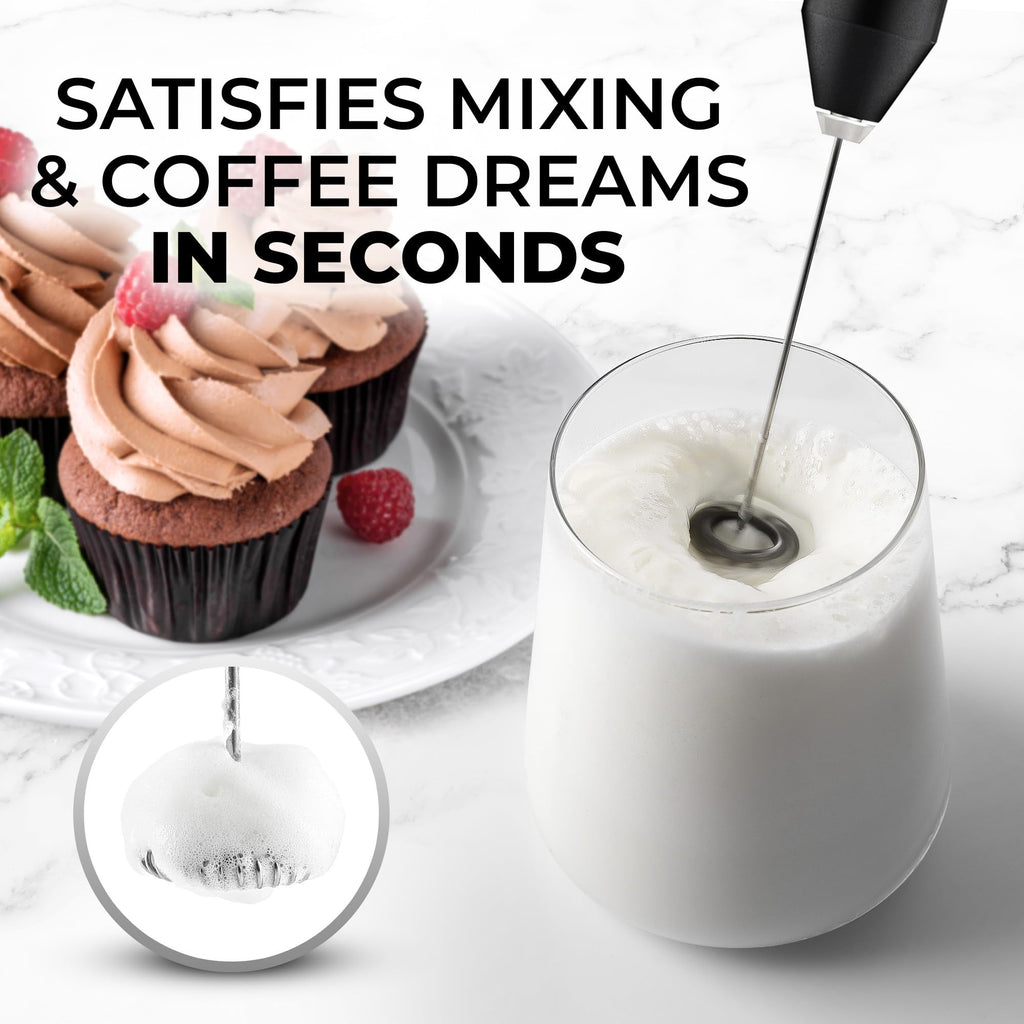 Zulay Kitchen Powerful Milk Frother AA Batteries Included – Ultra Fast Handheld Drink Mixer with Stainless Steel Whisk Stirrer for Coffee, Protein, Matcha & More, Frother Wand Electric Frothmate Black