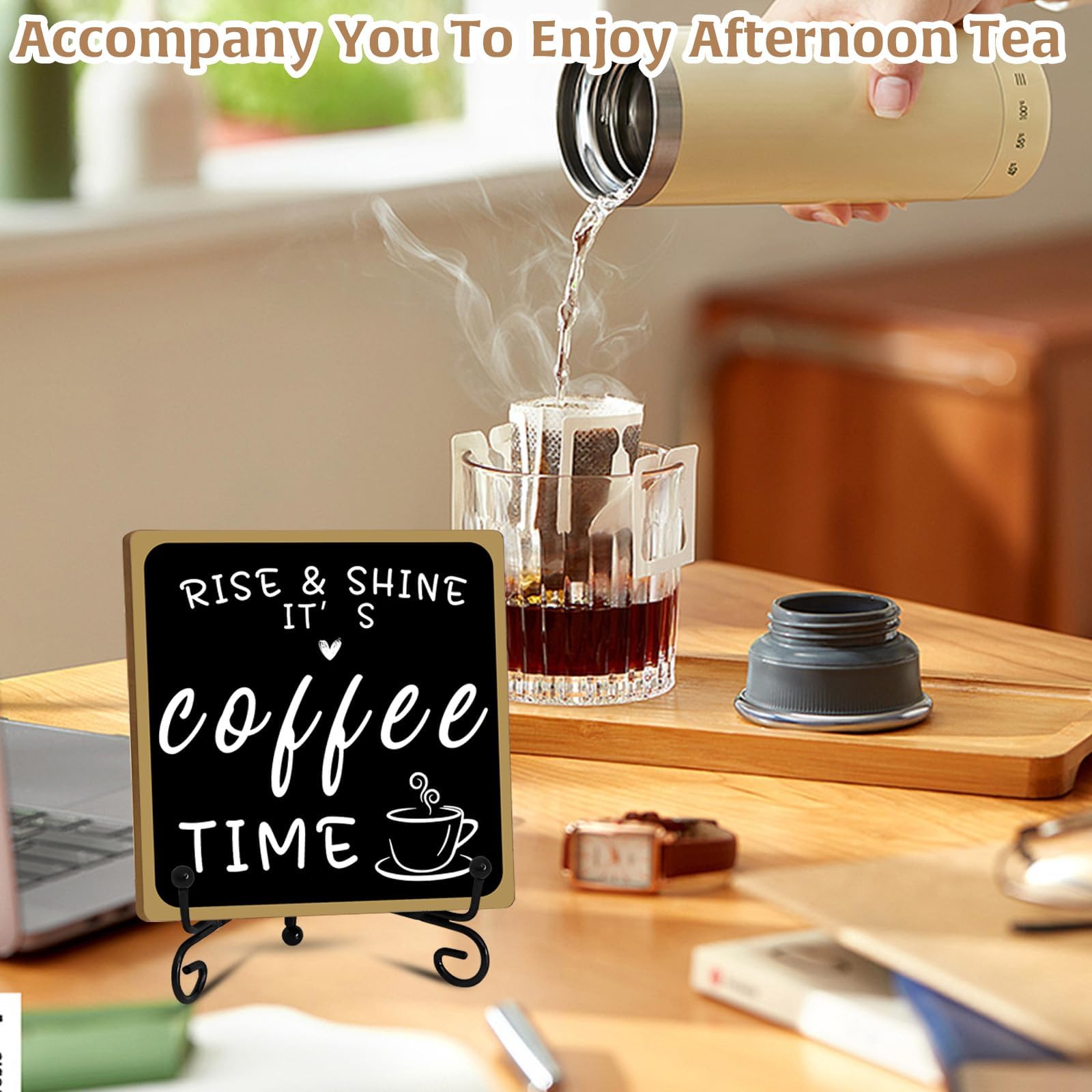 Wooden Coffee Bar Sign Coffee Bar Decor, Coffee Bar Decorations Black and White with Iron Stand Bar Tabletop Shelf Accessories, Coffee Signs Decors for Coffee Station Home Farmhouse Kitchen & Office