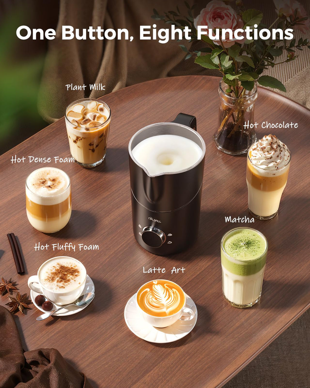 21.16oz/600ml Milk Frother, 8-in-1 Automatic Milk Frother and Steamer, Electric Hot & Cold Foam Maker, Ergonomic Grip Stainless Steel Detachable Frother for Coffee, Latte, Cappuccino