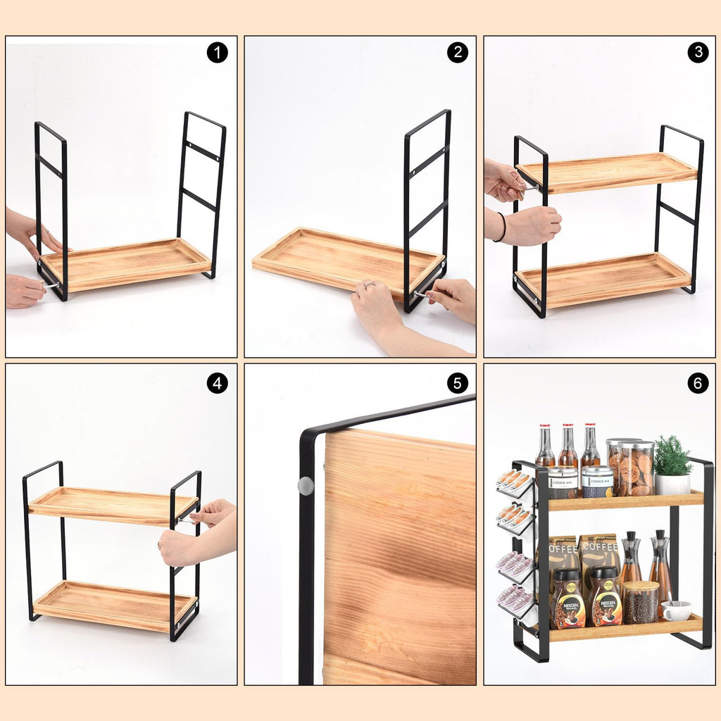 LEMIKKLE Coffee Station Organizer with Pod Holder and Drawer, Kitchen Countertop Organizer, Coffee Bar Accessories Station with Coffee Pod Storage, 2-Tier Wood Coffee Organizer With 6 Hooks