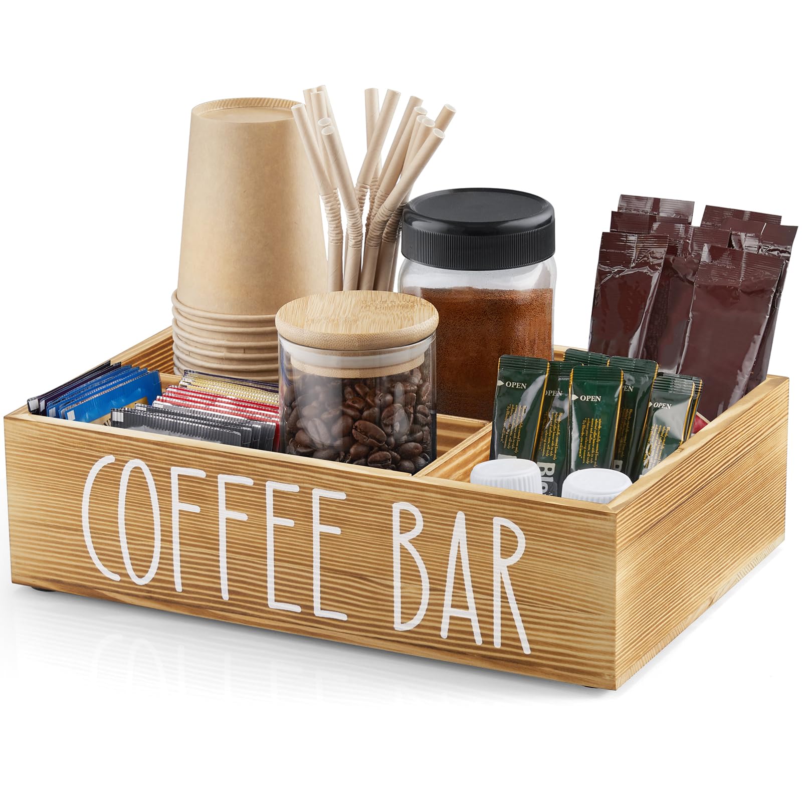 ALELION Coffee Station Organizer - Wood Countertop Accessories Organizer with Removable Dividers for Pods Condiment Syrup Tea Cups Stirrers - for Farmhouse Coffee Bar Decor
