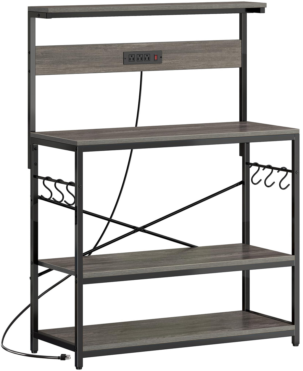 SUPERJARE Kitchen Bakers Rack with Power Outlet, Coffee Bar Table 4 Tiers, Kitchen Microwave Stand with 6 S-shaped Hooks, Storage Shelf Rack for Spices, Pots and Pans - Rustic Brown