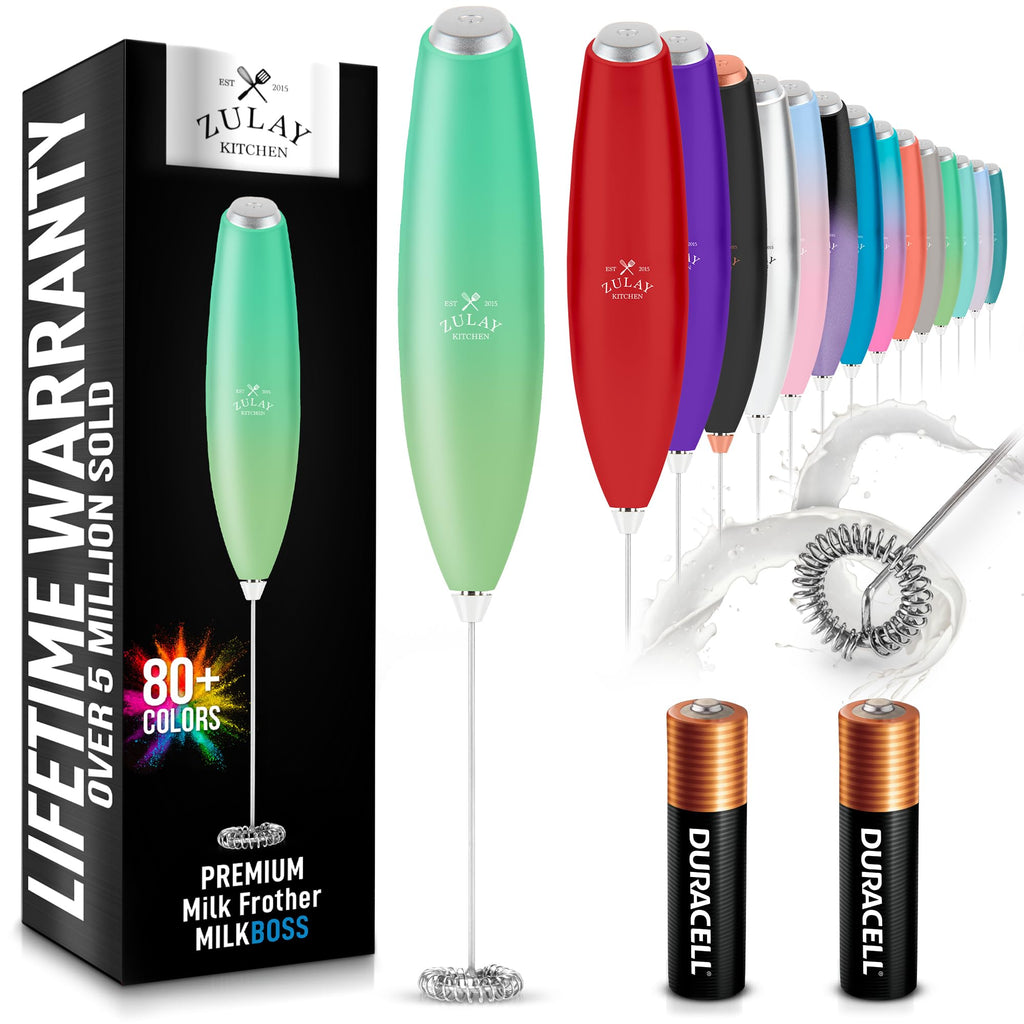 Zulay Kitchen Powerful Milk Frother AA Batteries Included – Ultra Fast Handheld Drink Mixer with Stainless Steel Whisk Stirrer for Coffee, Protein, Matcha & More, Frother Wand Electric Frothmate Black