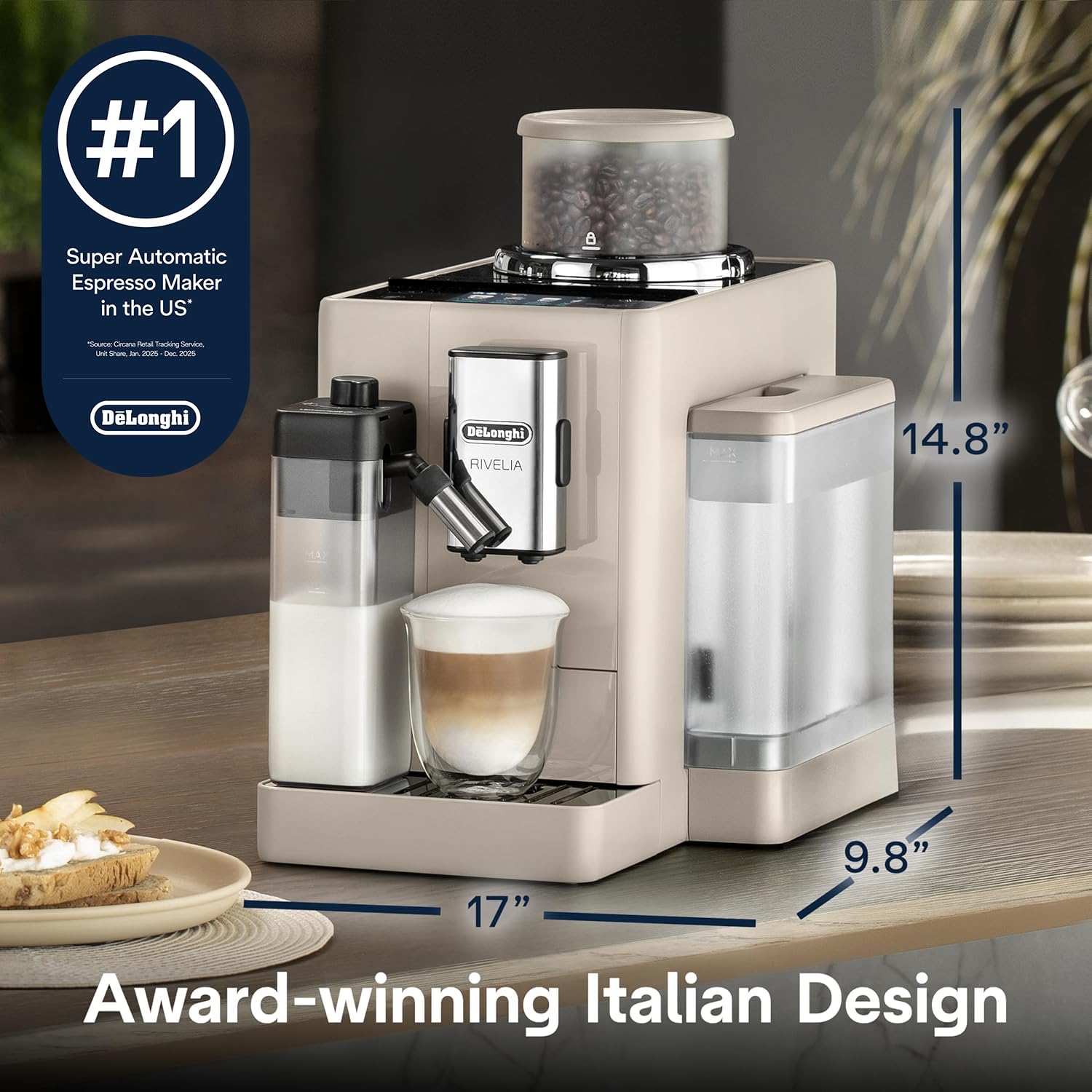 De'Longhi Rivelia Automatic Espresso Machine with Grinder & Milk Frother – All-in-One Coffee Maker, Hot & Iced Latte, Cappuccino, Bean Switch System, Burr Grinder, Compact Italian Design, Black