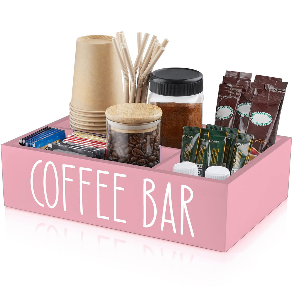 ALELION Coffee Station Organizer - Wood Countertop Accessories Organizer with Removable Dividers for Pods Condiment Syrup Tea Cups Stirrers - for Farmhouse Coffee Bar Decor