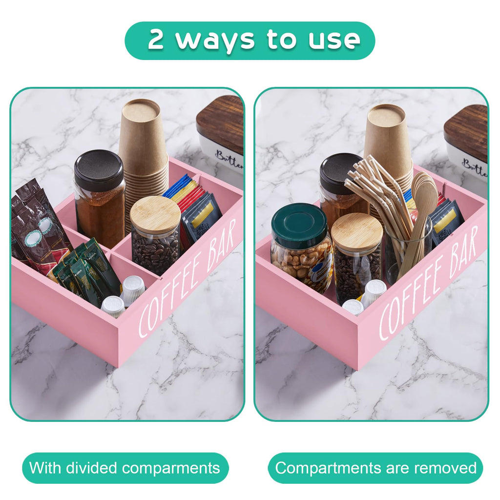 ALELION Coffee Station Organizer - Wood Countertop Accessories Organizer with Removable Dividers for Pods Condiment Syrup Tea Cups Stirrers - for Farmhouse Coffee Bar Decor