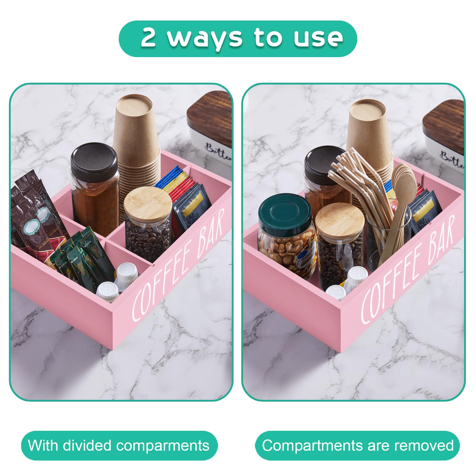 ALELION Coffee Station Organizer - Wood Countertop Accessories Organizer with Removable Dividers for Pods Condiment Syrup Tea Cups Stirrers - for Farmhouse Coffee Bar Decor