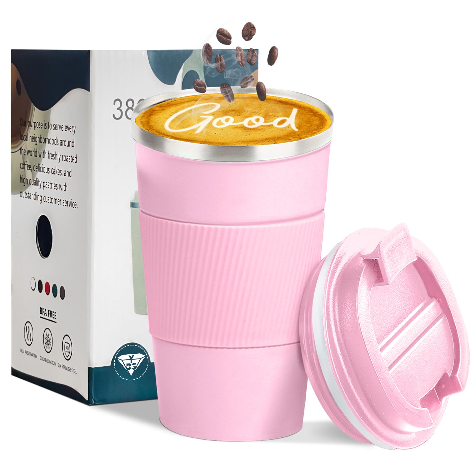 YINBAOGE Insulated Travel Coffee Mug, Spill & Leak Proof, Portable To Go Camping Stainless Steel Coffee Tumbler, Reusable Thermal Coffee Cup with Lid for Hot & Cold Drinks (Black, 12 OZ)
