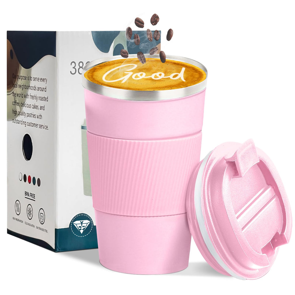 YINBAOGE Insulated Travel Coffee Mug, Spill & Leak Proof, Portable To Go Camping Stainless Steel Coffee Tumbler, Reusable Thermal Coffee Cup with Lid for Hot & Cold Drinks (Black, 12 OZ)