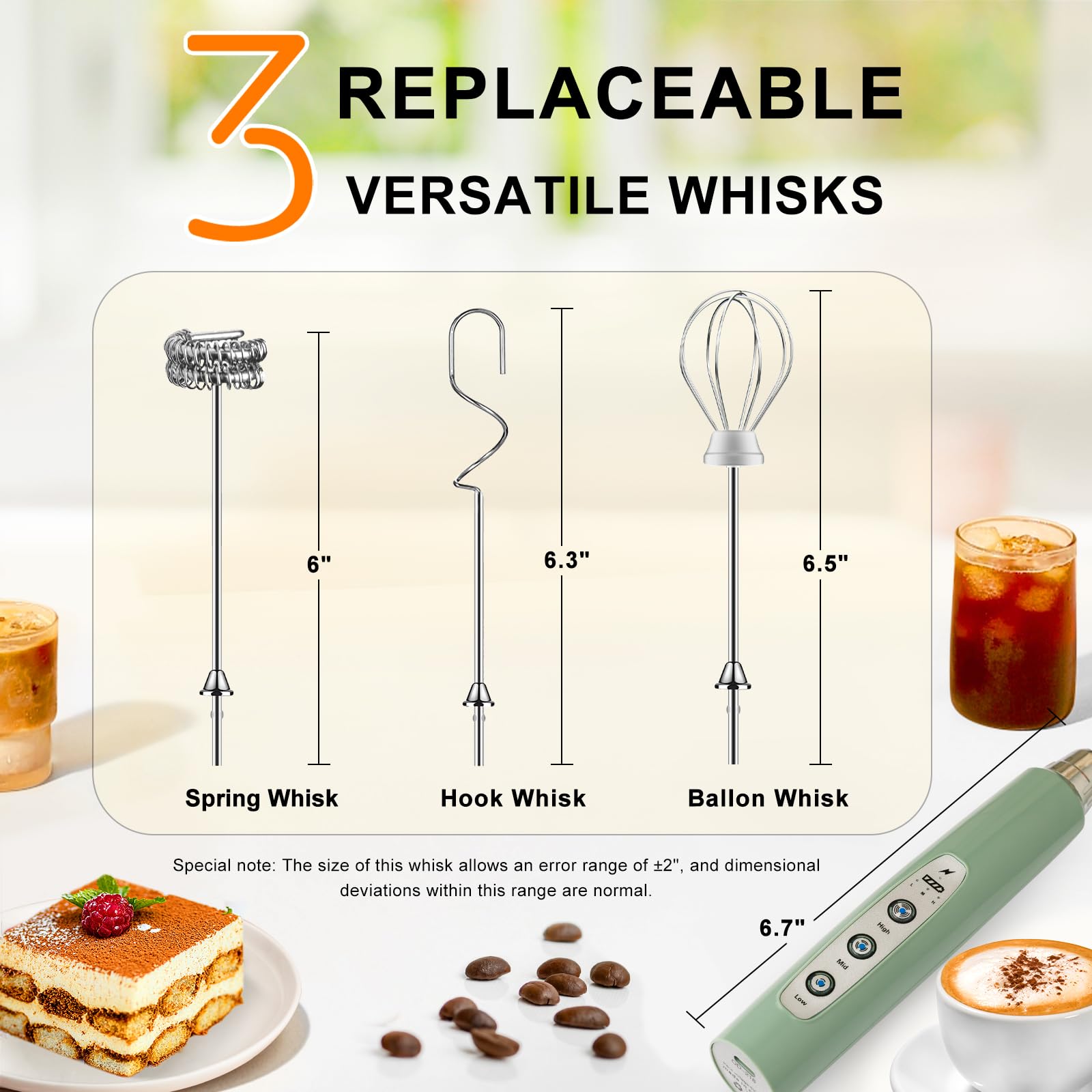 YUSWKO Black Handheld Milk Frother Wand for Coffee, Rechargeable Electric Whisk with 3 Heads 3 Speeds Drink Mixer Coffee Frother For Latte, Cappuccino, Hot Chocolate, Egg