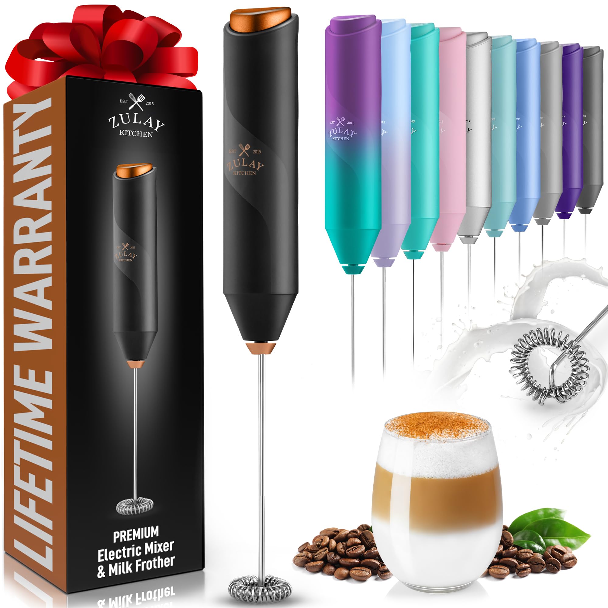 Zulay Kitchen Powerful Milk Frother AA Batteries Included – Ultra Fast Handheld Drink Mixer with Stainless Steel Whisk Stirrer for Coffee, Protein, Matcha & More, Frother Wand Electric Frothmate Black