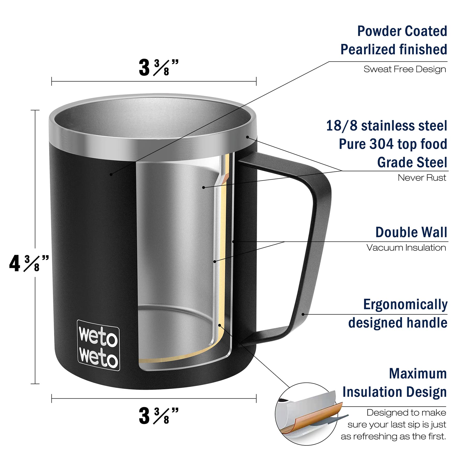 WETOWETO Coffee Mug with Handle, 14oz Insulated Stainless Steel Coffee Travel Mug, Double Wall Vacuum Reusable Coffee Cup with Lid, Powder Coated Rose Gold