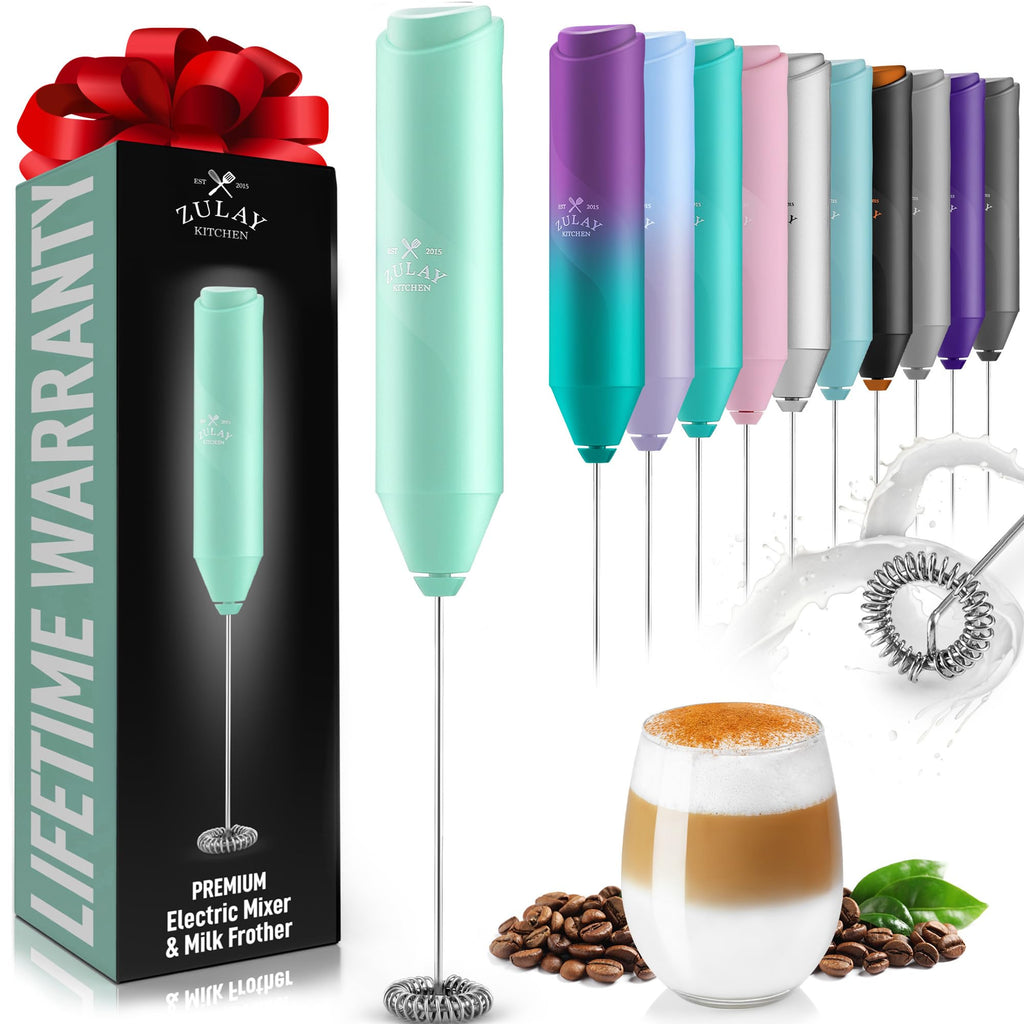Zulay Kitchen Powerful Milk Frother AA Batteries Included – Ultra Fast Handheld Drink Mixer with Stainless Steel Whisk Stirrer for Coffee, Protein, Matcha & More, Frother Wand Electric Frothmate Black