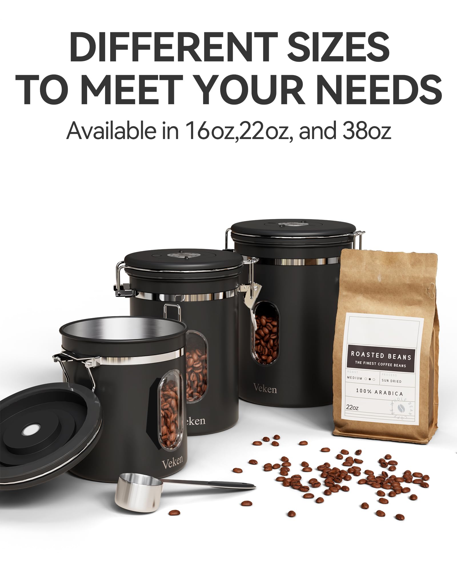 Veken Coffee Canister with Window,Airtight Stainless Steel Pantry Container,Home Kitchen Food Storage Organizers for Ground,Beans,Espresso,Rice,Tea,Sugar,Cereal, Decor,Bar Accessories,Gifts,22OZ,Black