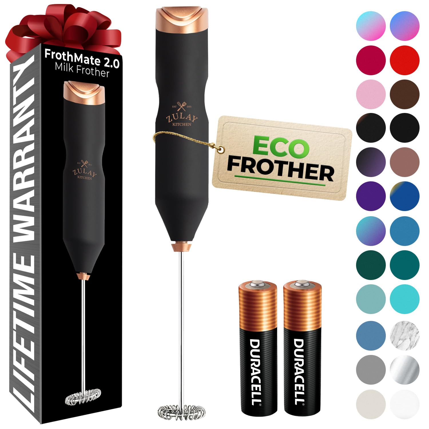 Zulay Kitchen Powerful Milk Frother AA Batteries Included – Ultra Fast Handheld Drink Mixer with Stainless Steel Whisk Stirrer for Coffee, Protein, Matcha & More, Frother Wand Electric Frothmate Black
