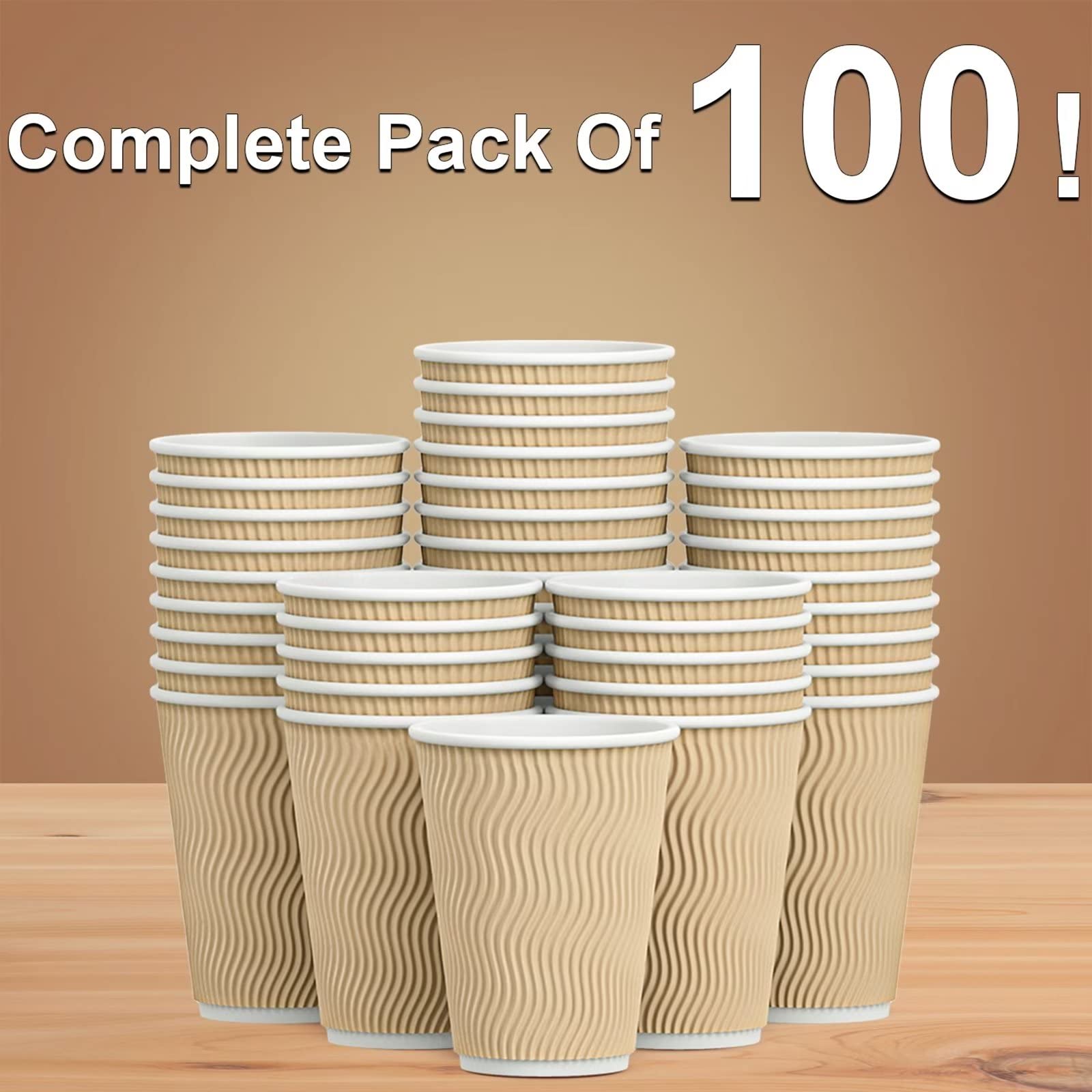 Hot Paper Cups_12 oz Disposable Insulated Corrugated Sleeve Ripple Wall Paper Cup 100 pcs,12oz Cups for Drink，Hot Coffee Cups (Brown)