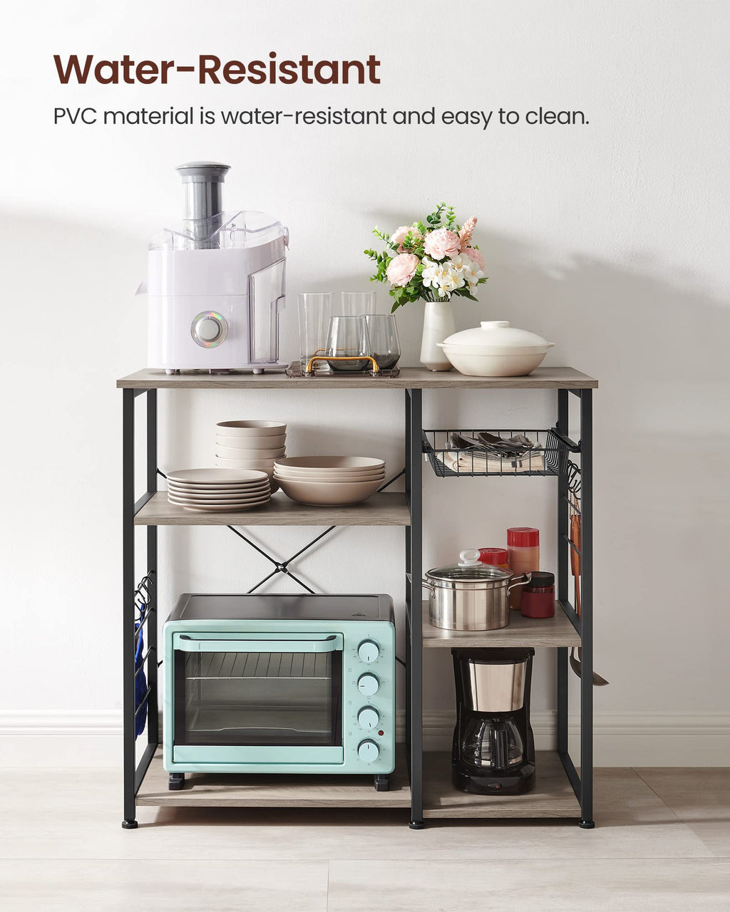 VASAGLE Baker's Rack, Coffee Bar Stand with Charging Station, 35.6 Inches Tall, Storage Shelves, Pull-Out Wire Basket, Table for Microwave, Kitchen, Rustic Brown and Ink Black UKKS036K01