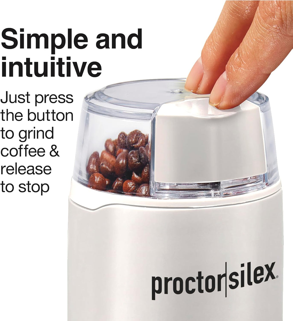 Proctor Silex Electric Coffee Grinder for Beans, Spices and More, Stainless Steel Blades, 12 Cups, White