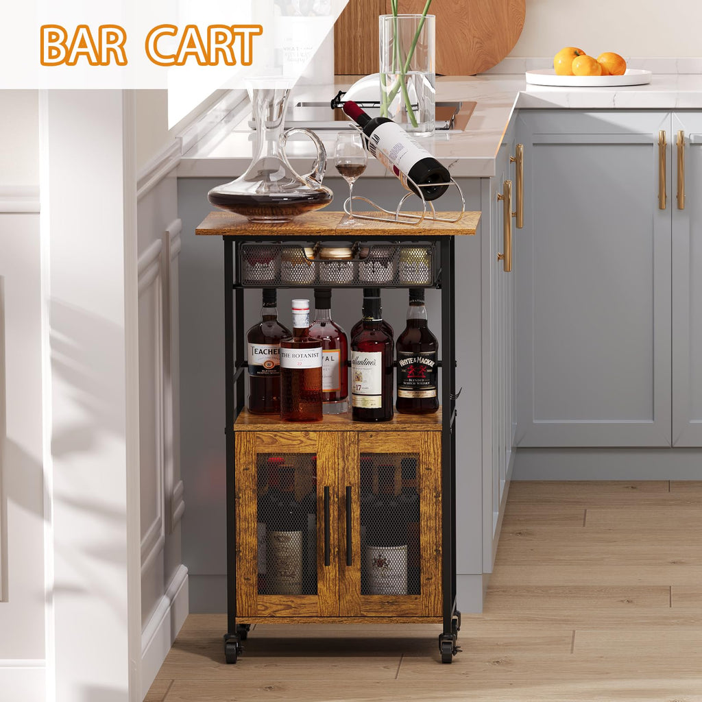 Hencawima Coffee Bar Cabinet, 3 Tier Coffee Station Table on Wheels, 35.9" H Bar Cart with Wire Basket Drawer & 5 Hooks for Home Kitchen, Liquor Buffet Sideboard Cabinet (Rustic Brown)