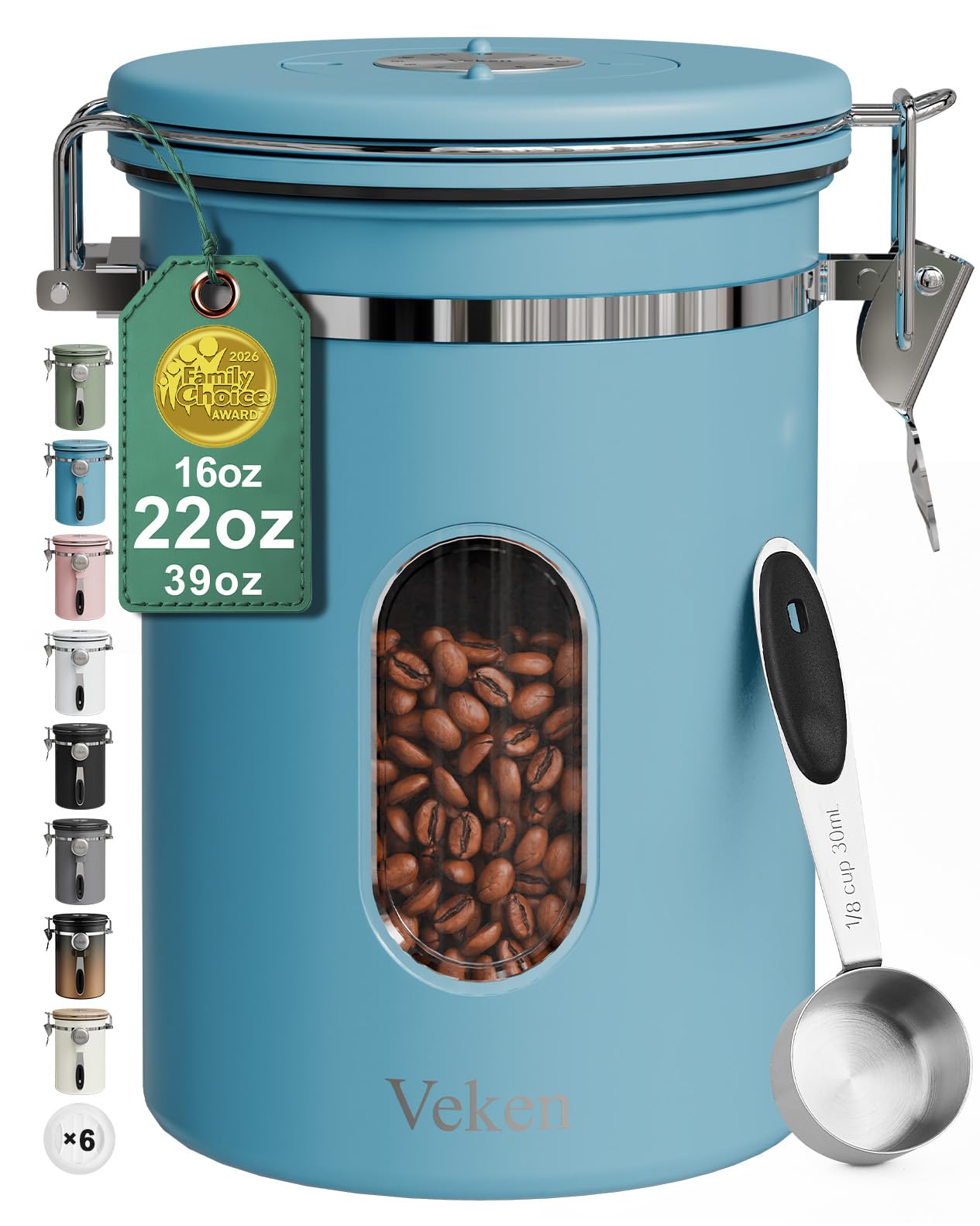 Veken Coffee Canister with Window,Airtight Stainless Steel Pantry Container,Kitchen Food Storage Organizers for Beans,Ground,Espresso,Rice,Tea,Sugar, Cereal, Bar Accessories,Gifts,Lids,Jars,22OZ,Black