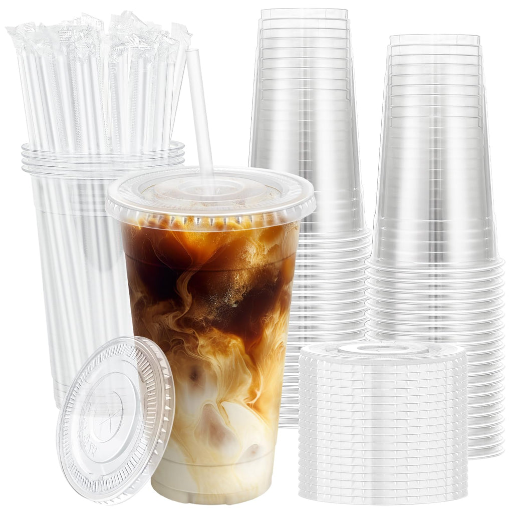 Lamosi 100 Pack 20 oz Clear Plastic Cups with Lids and Straws, Disposable Iced Coffee Cups with Lids for To-Go Cold Drinks, Smoothies and Slushie