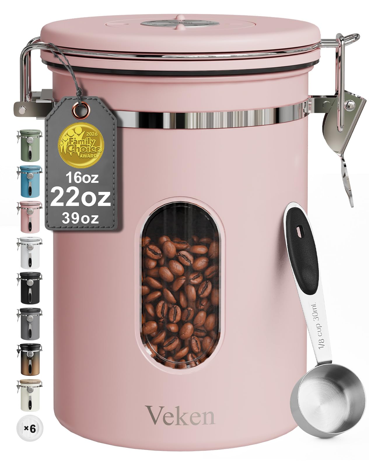 Veken Coffee Canister with Window,Airtight Stainless Steel Pantry Container,Kitchen Food Storage Organizers for Beans,Ground,Espresso,Rice,Tea,Sugar, Cereal, Bar Accessories,Gifts,Lids,Jars,22OZ,Black