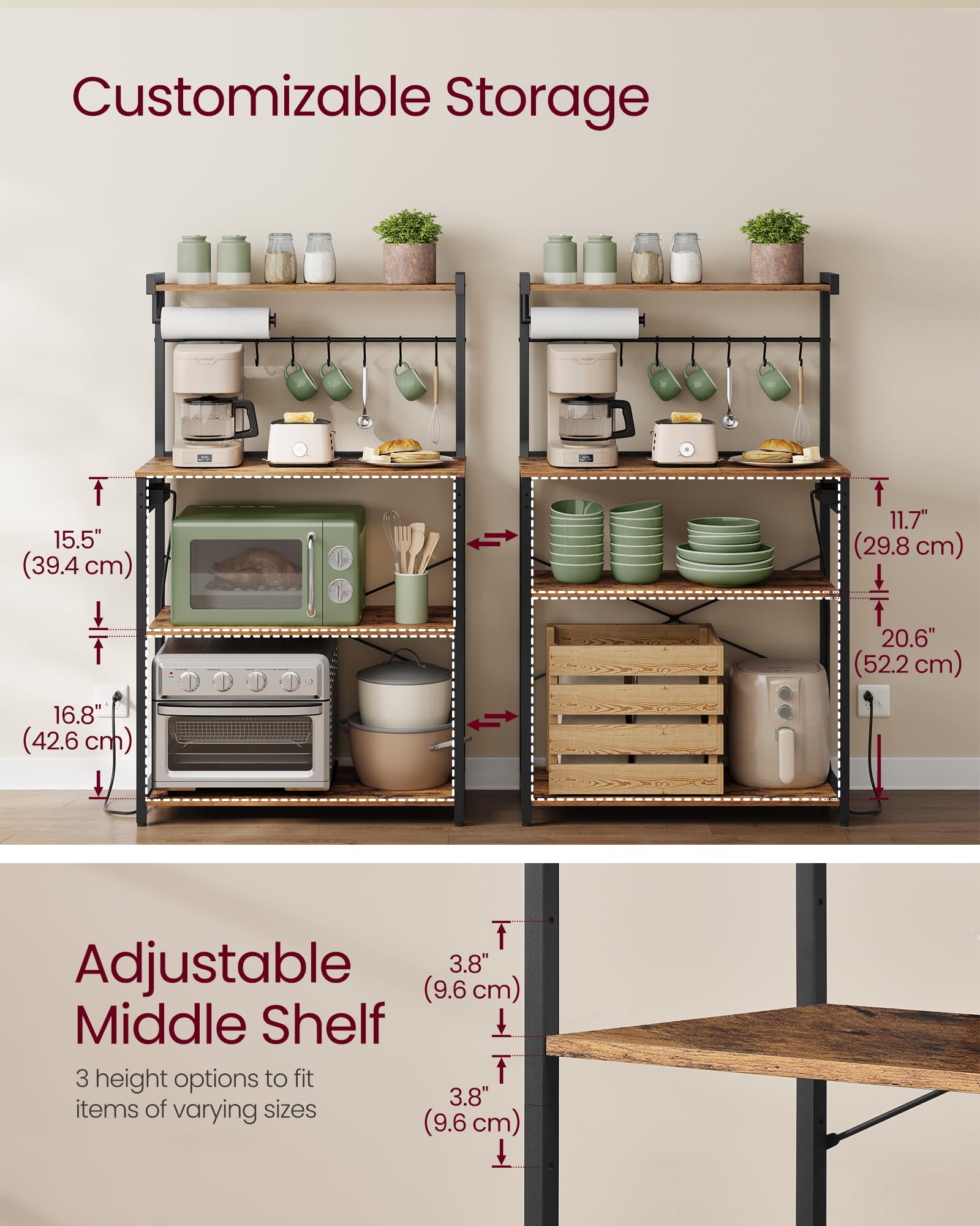 VASAGLE BARNET Collection - Kitchen Bakers Rack with Power Outlet, 31.5-Inch Wide Coffee Bar 4-Tier with 8 S Hooks, Modern Microwave Stand, Adjustable Shelf, Rustic Brown and Ink Black UKKS029KD01