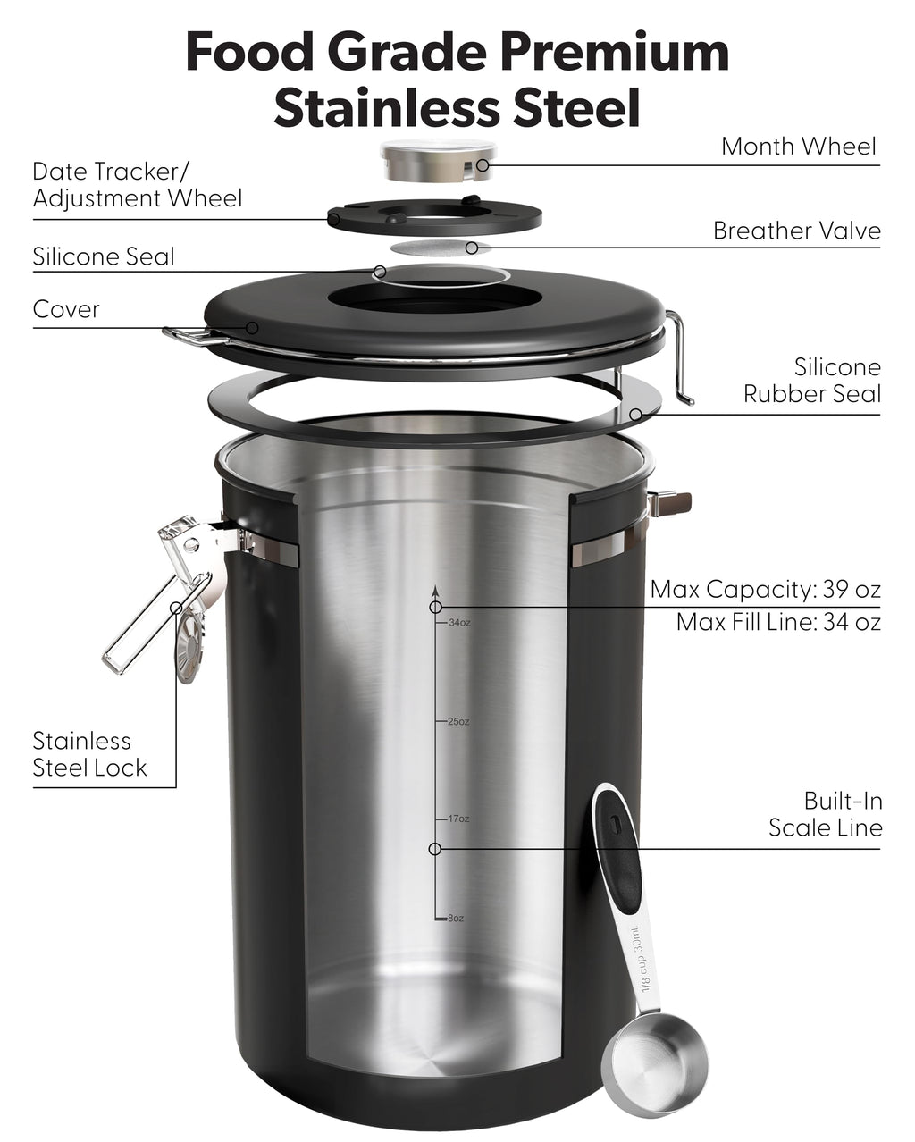 Veken Coffee Canister with Window,Airtight Stainless Steel Pantry Container,Home Kitchen Food Storage Organizers for Ground,Beans,Espresso,Rice,Tea,Sugar,Cereal, Decor,Bar Accessories,Gifts,22OZ,Black