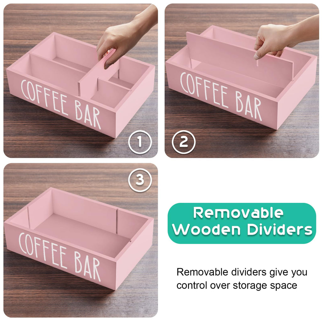ALELION Coffee Station Organizer - Wood Countertop Accessories Organizer with Removable Dividers for Pods Condiment Syrup Tea Cups Stirrers - for Farmhouse Coffee Bar Decor